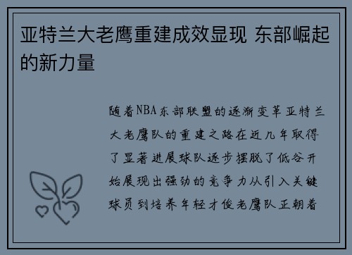 亚特兰大老鹰重建成效显现 东部崛起的新力量
